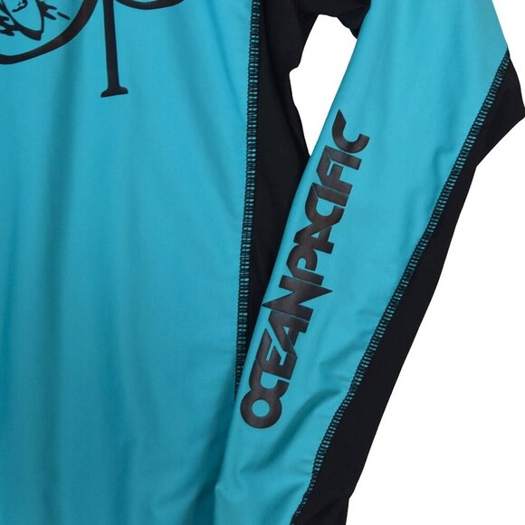 OP Ocean Pacific Surf Shirt Retro S Teal Black Long Sleeve Rashguard Swim Top - Picture 3 of 6